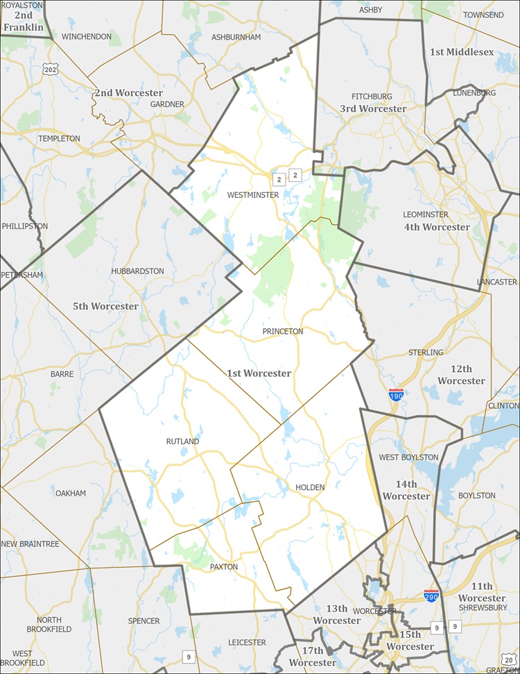 Map of 1st Worcester District showing Holden, Paxton, Princeton, Rutland, and Westminster